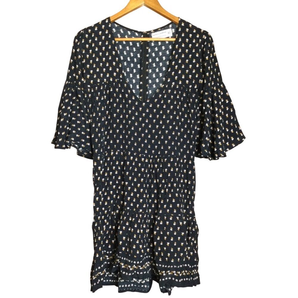 Faithfull The Brand X Anthropologie Black Floral Mini Dress Bell Sleeve S